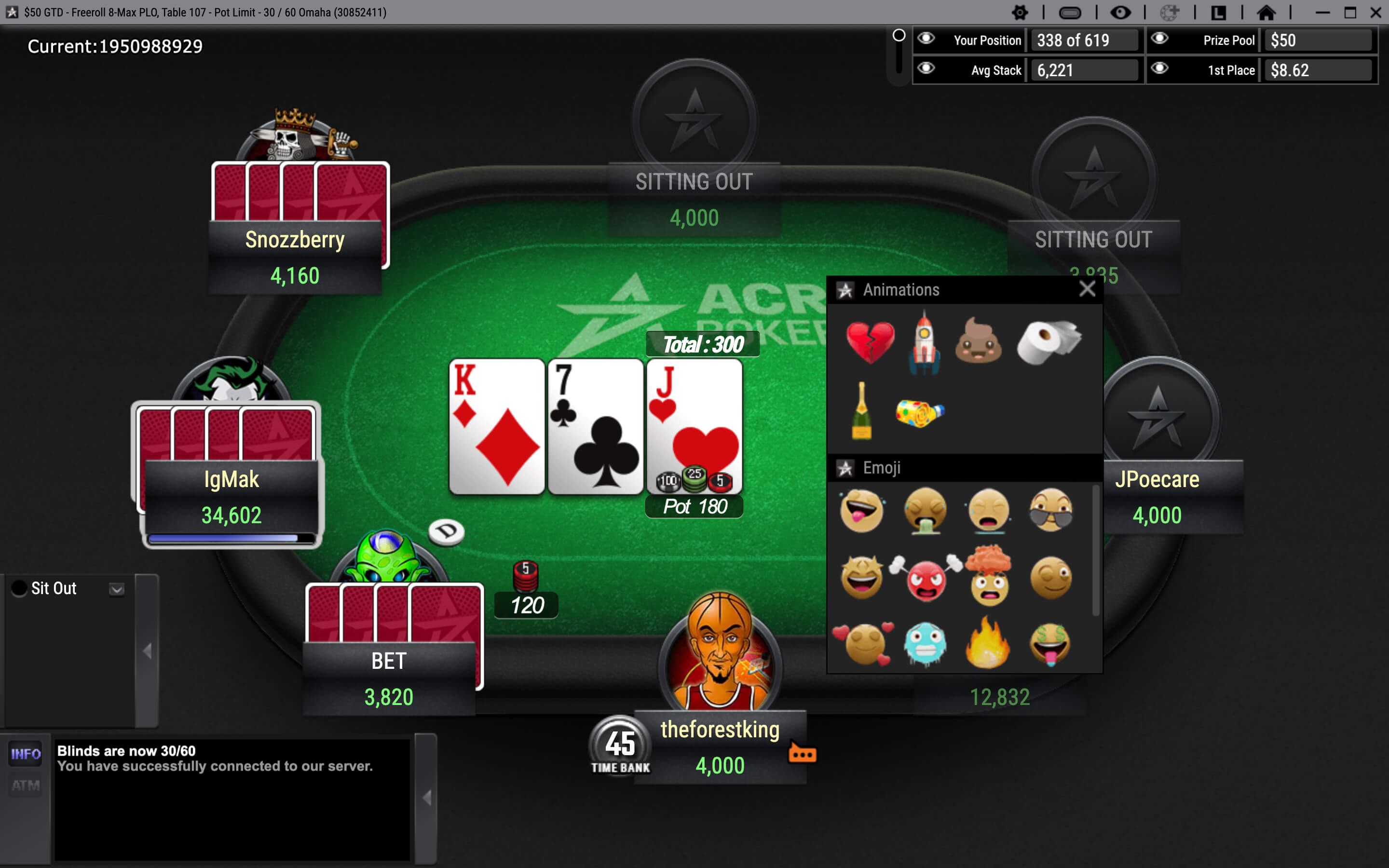Игровой стол ACR Poker (Americas Cardroom) с игроками в турнире и отображением ставок и выигрышей